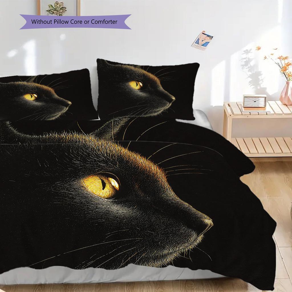 Black Cat Pattern Bedding Quilt Set Quilt Cover Pillowcase Home Decoration Birthday Gift (1 * Duvet Cover + 2 * Pillowcase, Without Core)