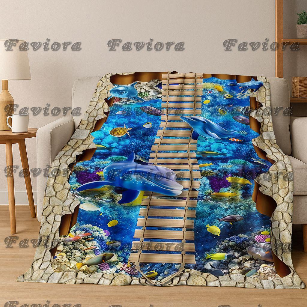 26 Style 3D Illusion Sea Underwater World Dolphin Flannel Blanket,Cozy Soft Throw Blanket for Home Bedroom Bed Sofa Cover Gift