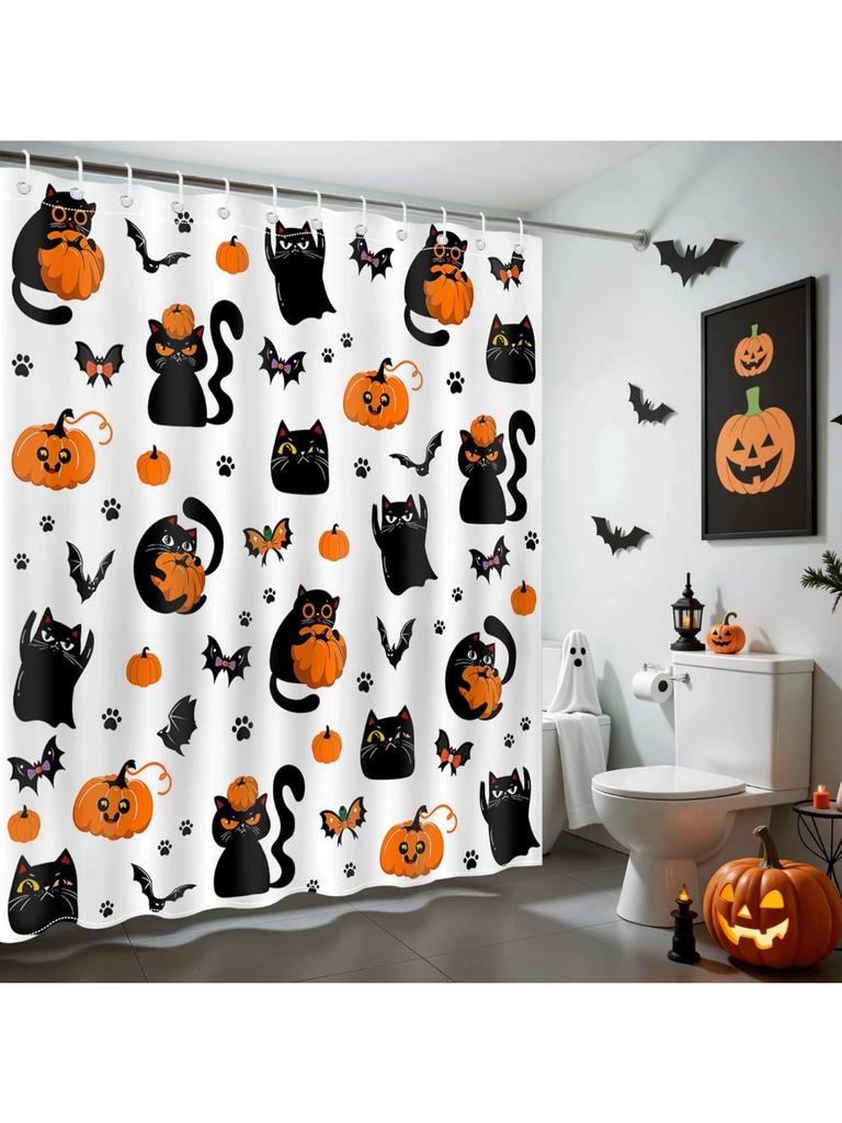 Halloween Shower Curtain Cute Black Cat Pumpkin Ghost Shower Curtain For Halloween Bathroom Decor Waterproof Fabric Bath