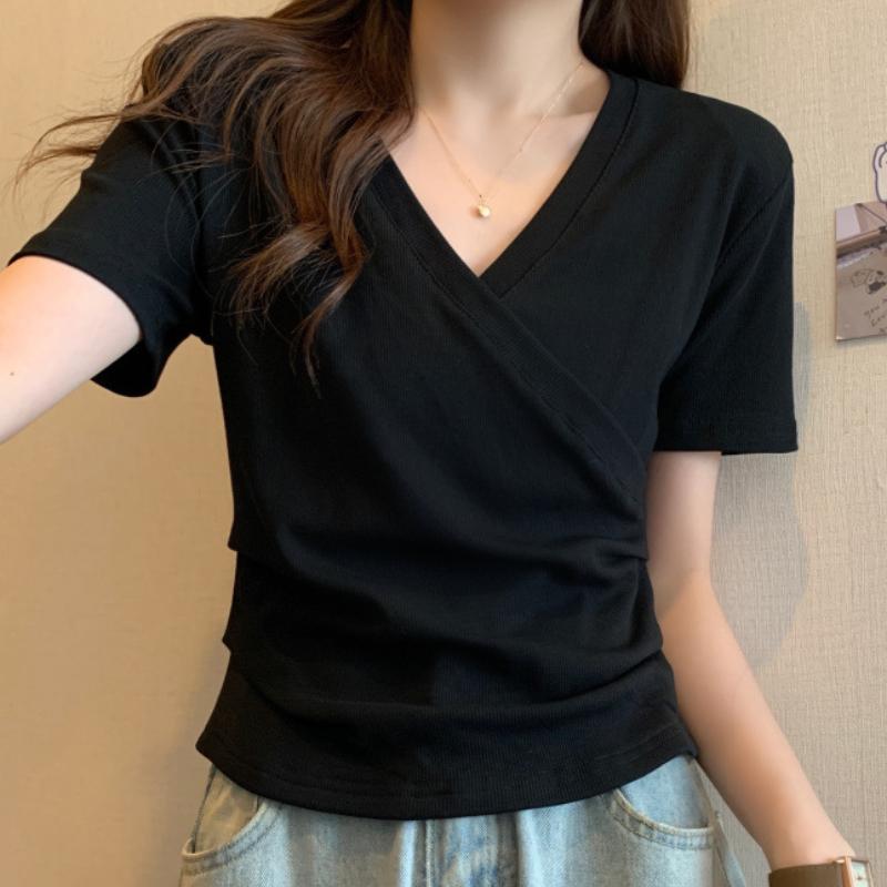 GMXIA Cross V-neck Short-sleeved T-shirt Women Summer Design Sense Slim Thin Short Slim Tops