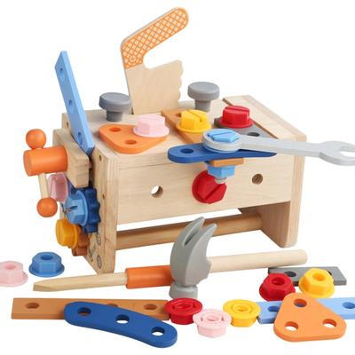 AOMACO Wooden Tool Educational Toy for Portable Transforms Into a Building and Gift for Boys and Girls Set, Carpenters, Toolbox, Workbench, Play,