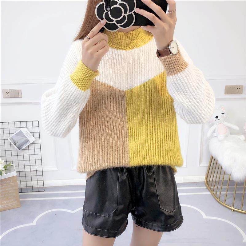 Fall/Winter Women's Color-Blocked Sweaters Loose Pullover Knitwear Half-Turtleneck Stretch Knit Sweater Jumper