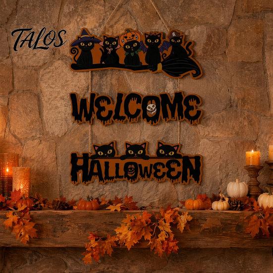 Halloween Wooden Sign Door Sign, Black Cats Broom Front Hanger, Rustic Multi-layer Polished Wood Hanging Welcome for Home Window Wall Party