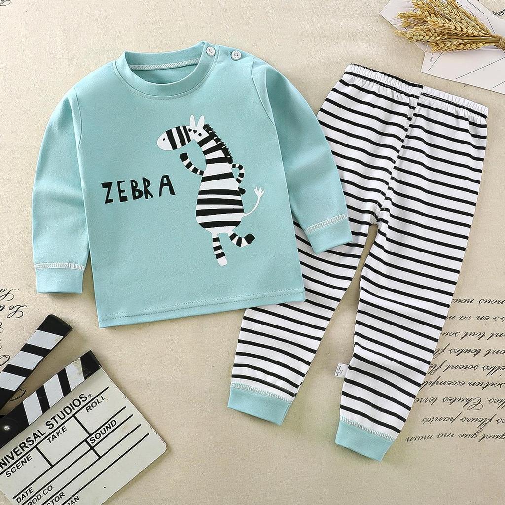 Cartoon Print Pajama Suit Tops+Pants 2-piece Set Underwear Kids Boys Girls Baby Cotton Sleepwear