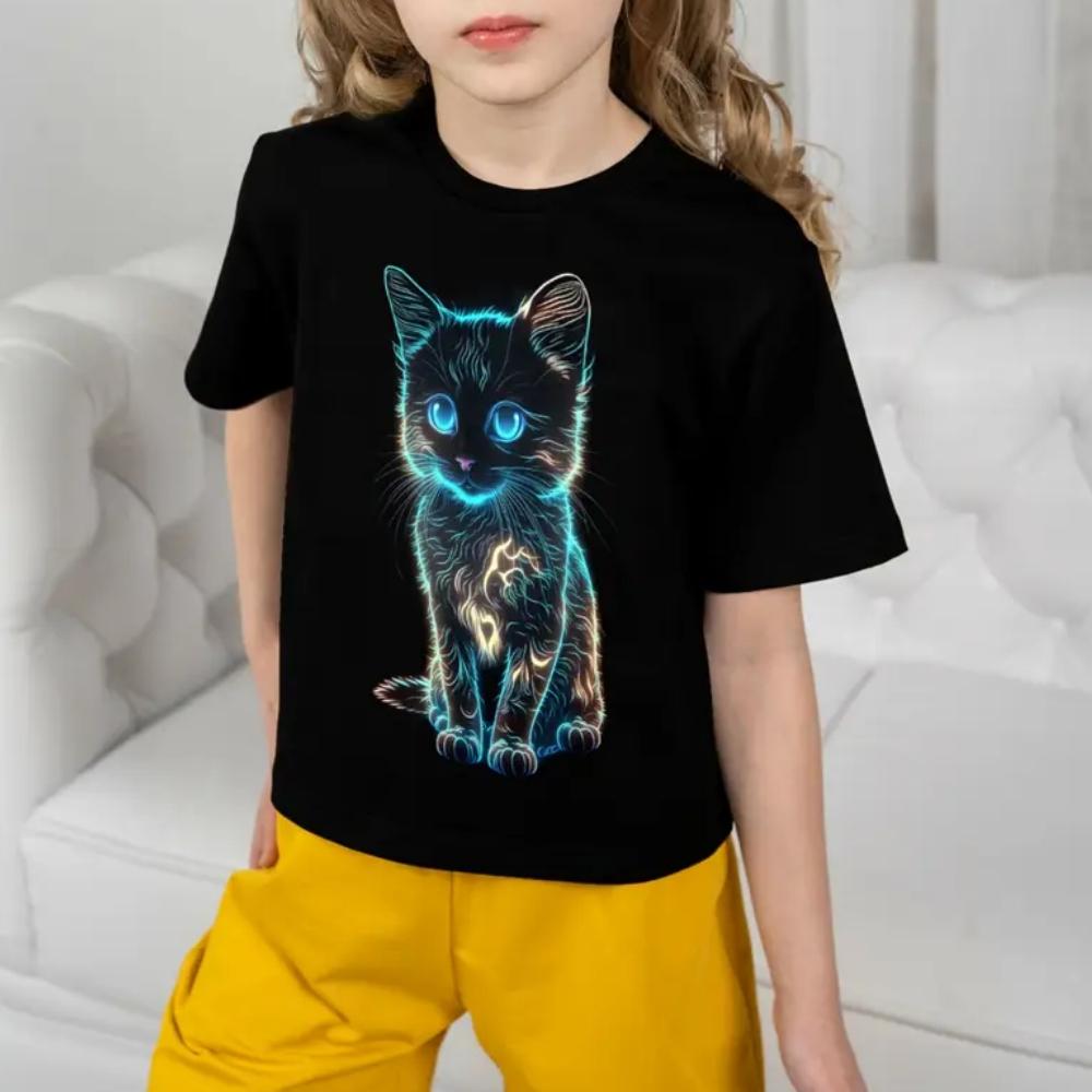 Clothes for Girls 3D Print Cute Cat Crew Neck Graphic T Shirts Summer Play Streetwear Kawaii Girl Outdoor Clothes for Children