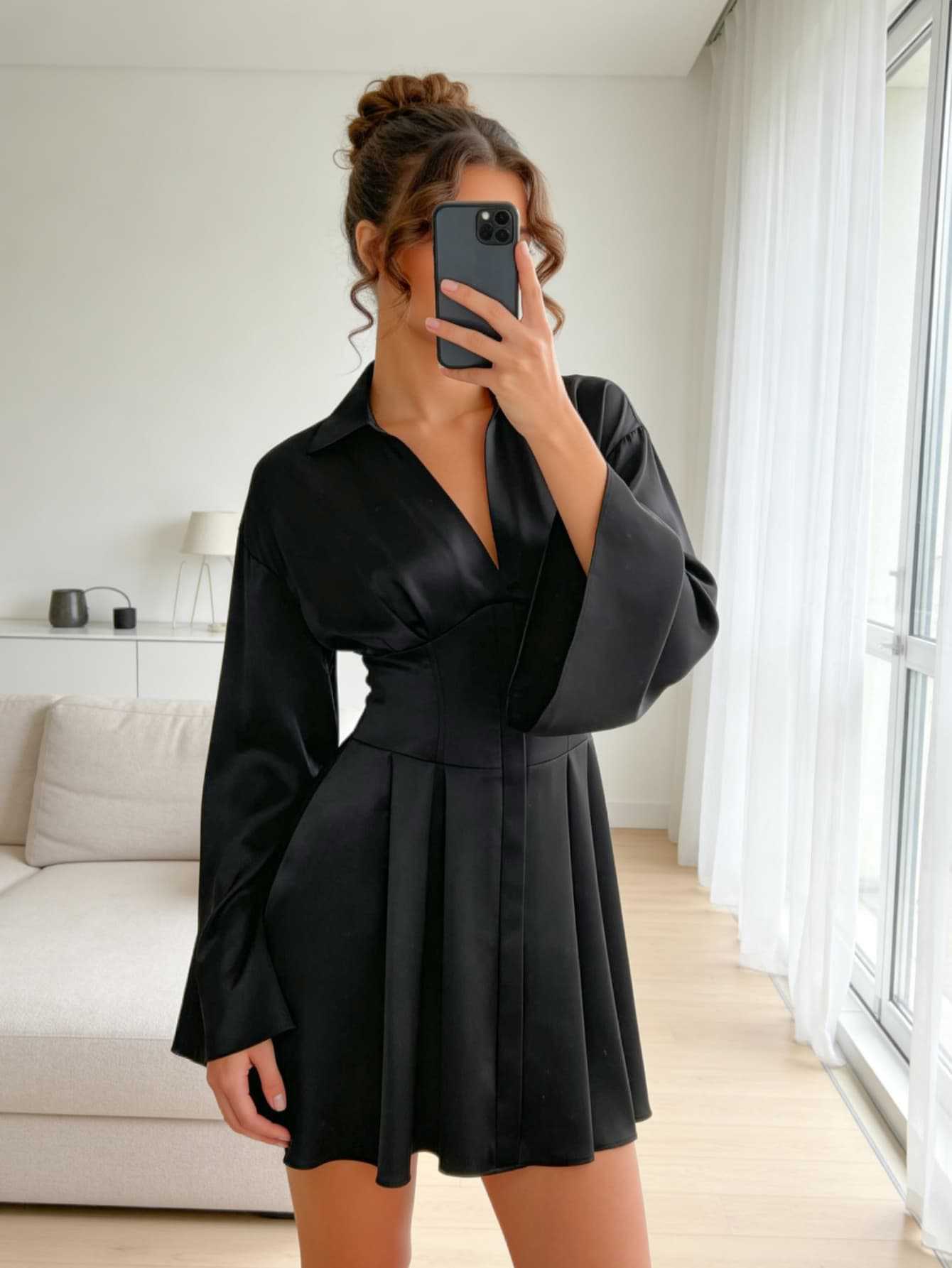 

Black V-neck waist long-sleeved dress women s French temperament A-word short skirt European and American style new fashion and thin skirt L чорний