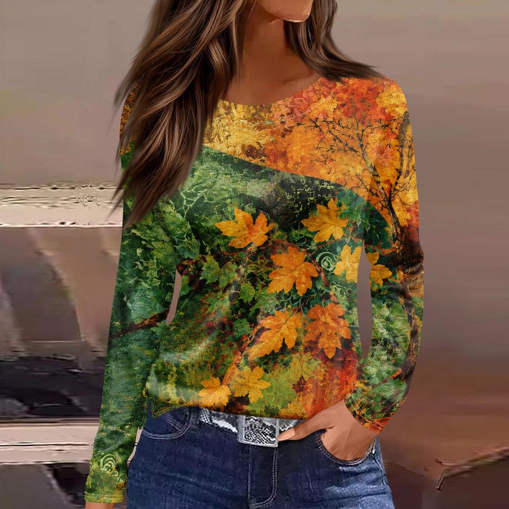 Women's Casual Long Sleeve Maple Leaf Print Round Neck Blouse for Everyday Wear