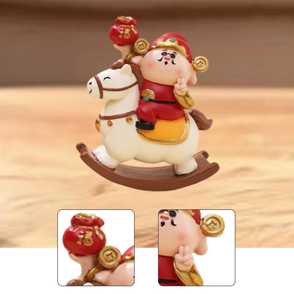 God of Wealth Figurine Small Sculpture Art Crafts Cute Rocking Horse Desktop