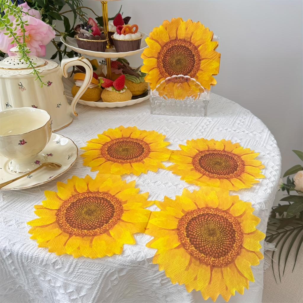 20pcs/Set, Disposable Sunflower Shape Printed Napkins, Birthday Holiday Picnic Wedding Party Paper Towels, Restaurant Dessert