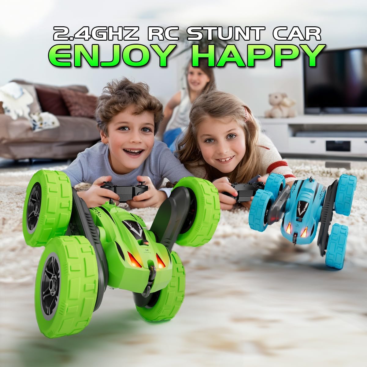 Remote Control Car for 6-12 Year Old Double Sided 360°Rotating 4WD RC Cars with Headlights 2.4GHz Rechargeable Electric Stunt Race Car Toy for Boys