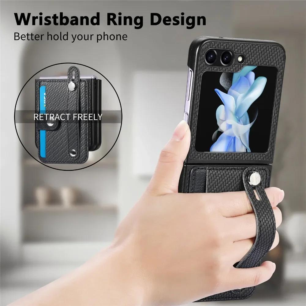 Wallet Case With Card Holder & Wrist Strap for Samsung Galaxy Z Flip 6 5 4 3 2 Flip6 Flip5 Flip4 Flip3 Flip2 5G PU Leather Cover