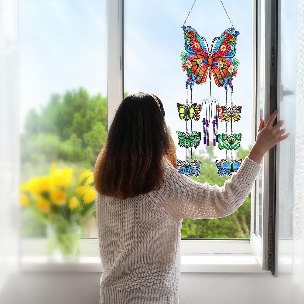 Flower Butterflies Wind Chime Diamond Painting Home Decor 5D DIY Diamond Painting Dots Pendant for Garden Window Decoration