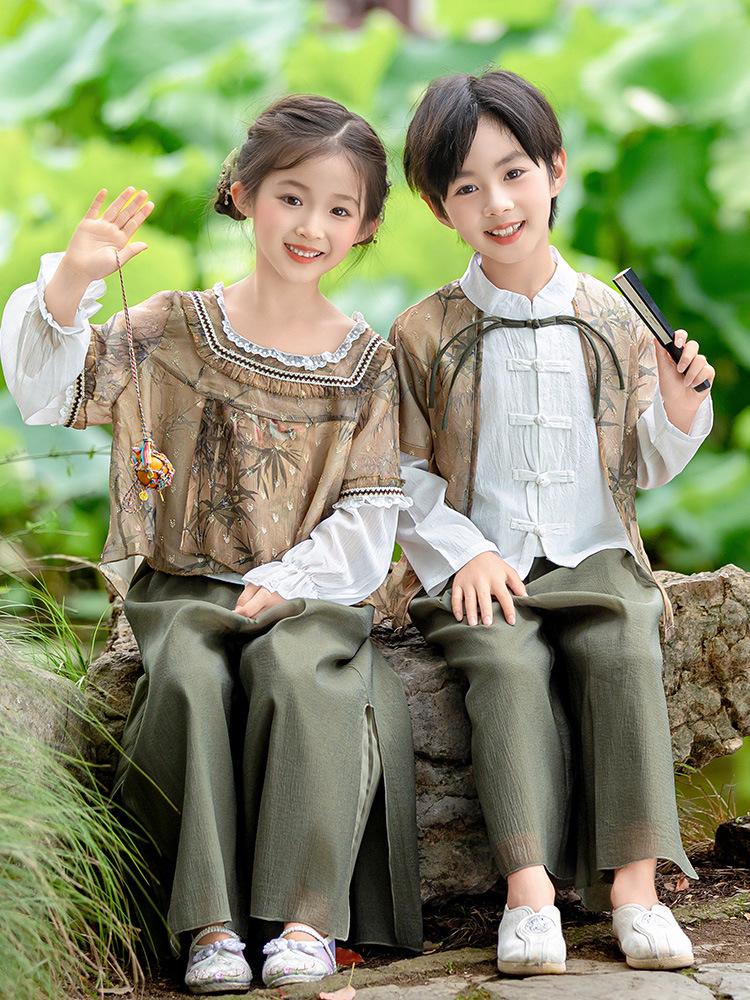 Kids' Traditional Bamboo Leaf Tang Suit Set - Long Sleeve Hanfu for Spring & Autumn 2025