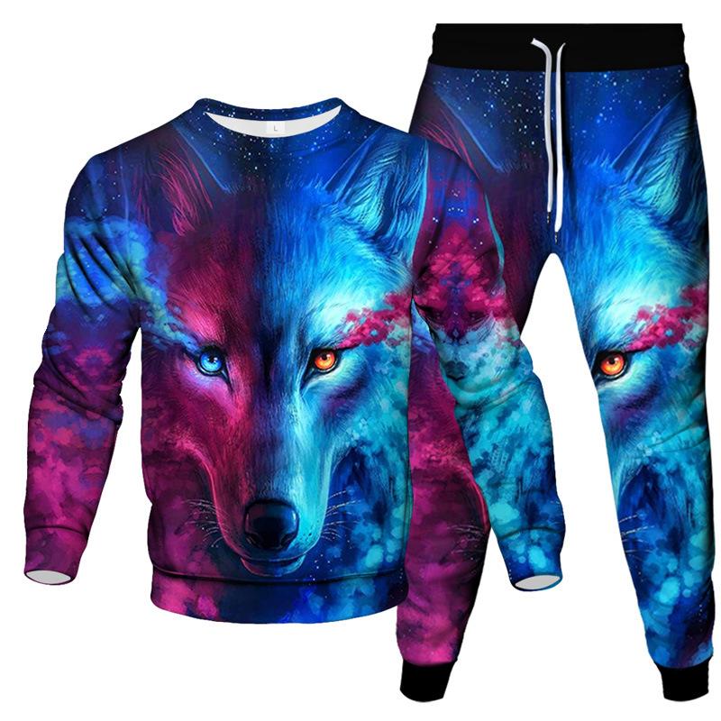 Spring Autumn Dazzle Wolf 3D Print Sportswear Set Casual T Shirt Pants 2-Piece Set Oversize Pullover Hip Hop Unisex Clothing