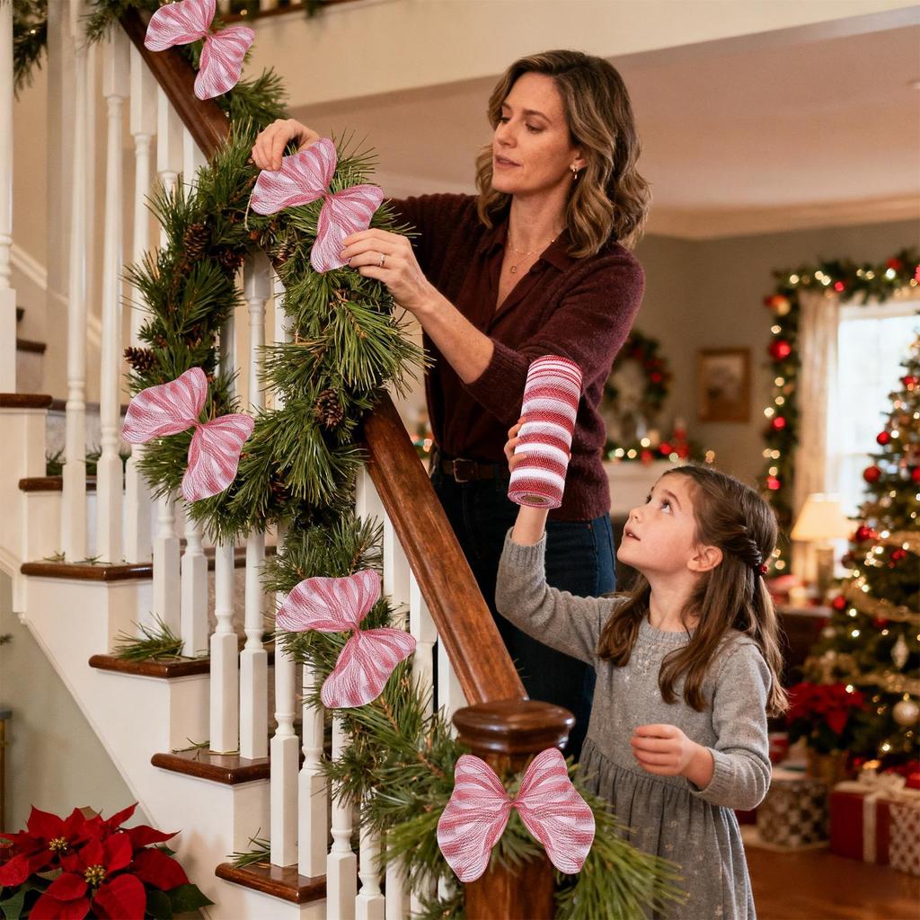 10 Yards Striped Mesh Ribbon Holiday Decoration DIY Wrapping Ribbons Cane Candy Christmas Wreath Tree Stripe Mesh Ribbon Decor