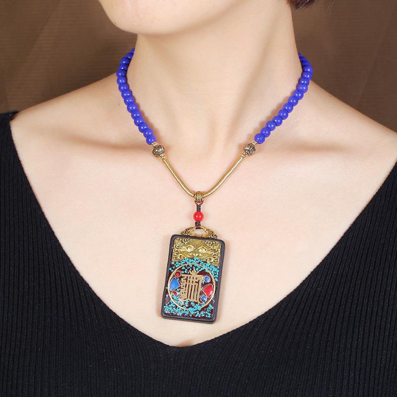 Nepalese Ebony Amulet Necklace Men's and Women's Retro Simple Short Collarbone Chain Cotton and Linen Clothes Accessories