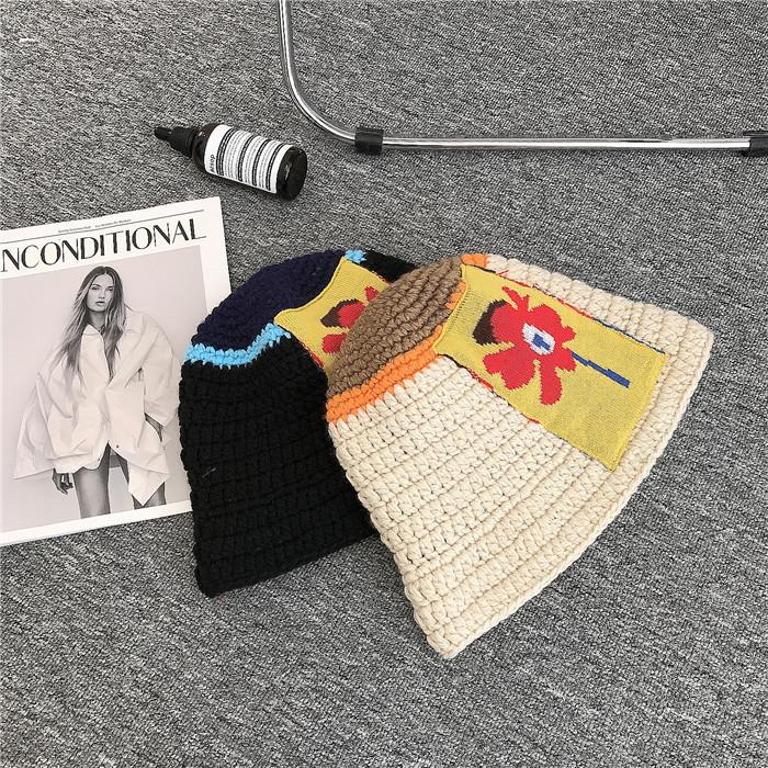 Hat Female Autumn and Winter Face Small Bucket Hat Black Wool Hat Thickened Knitted Bucket Hat