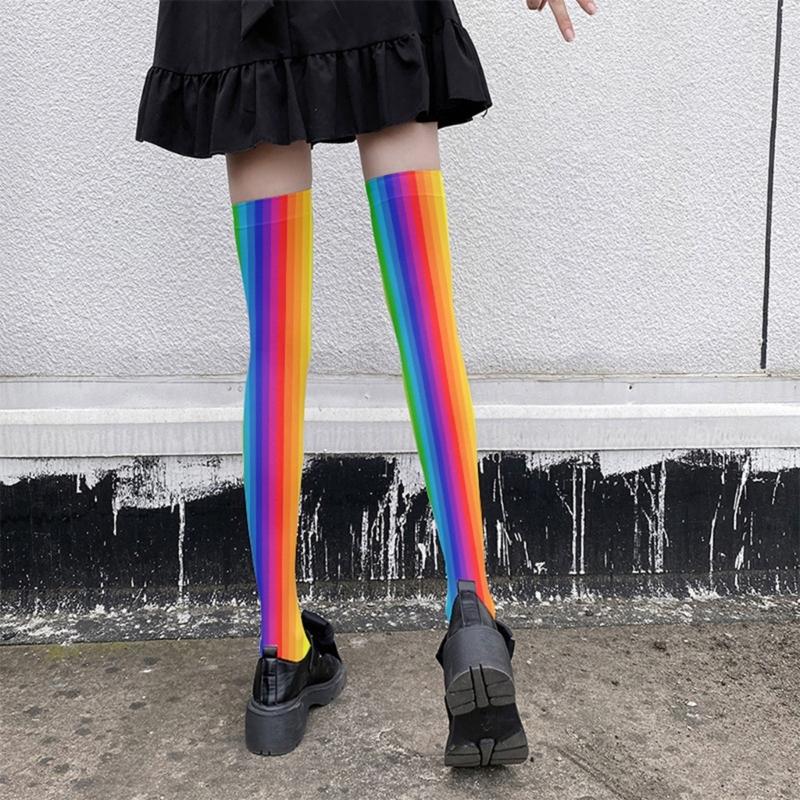 Rainbow Multicolor Striped Print Over the Knee Stockings for Women Carnivals Parties Anime Thigh High Long Socks Hosiery