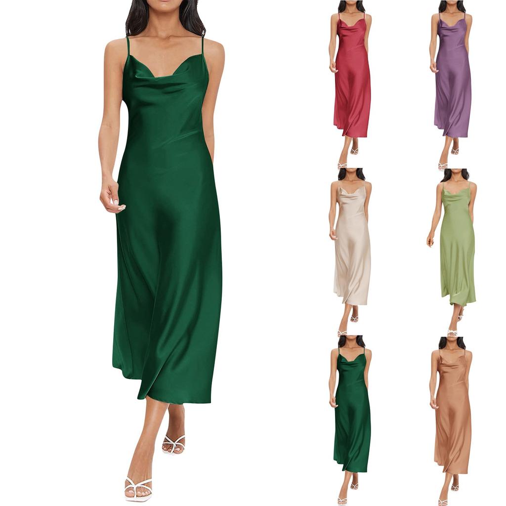 Women's Summer Fashion Solid Color Satin Suspender Dress Deep V-neck Slim Fit Dress