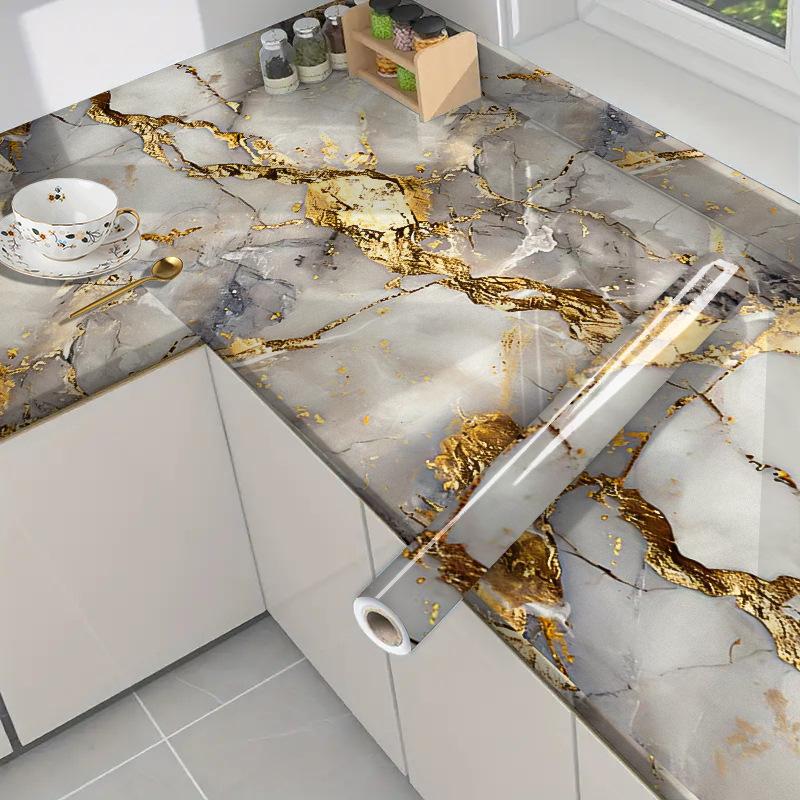 Self-Adhesive Gold Foil Marble Wallpaper Peel & Stick, Waterproof Oil-Proof Kitchen Backsplash Countertop Sticker, 5-Layer PET Wall Decal for Furnitur
