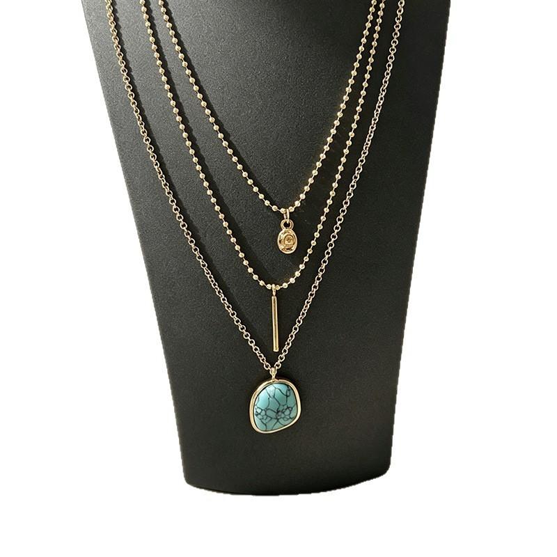 Geometric Turquoise Pendant Necklace For Women And Men With Gold Edge Chain Jewelry