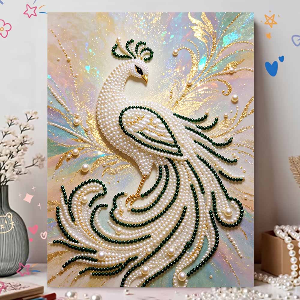 5D Round Pearl Painting Kit Elegant White Peacock Pattern DIY Handmade Crystal Artist Home Interior Decor Gift