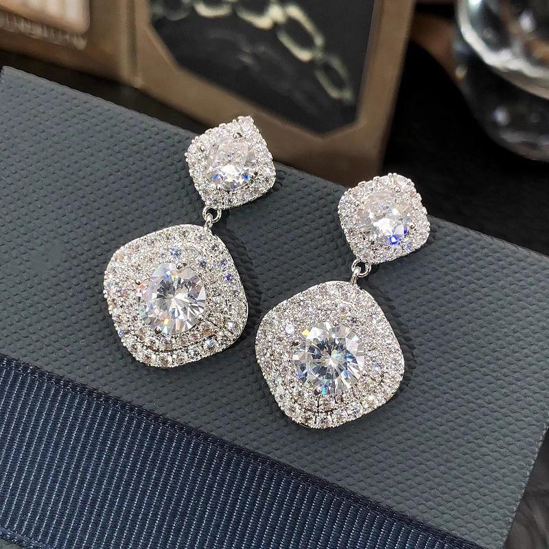925 Sterling Silver Luxury Women Drop Earrings Full Sparkling CZ Fashion Jewelry for Wedding Daily Party Accessory