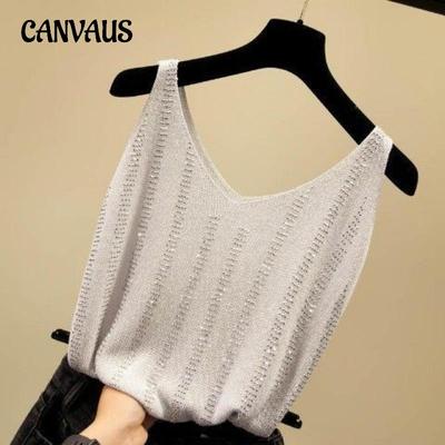 Women's Ice Silk Diamond Camisole Tank Tops Women's Vest Loose Short Sleeveless V-neck Bottoming Shirt