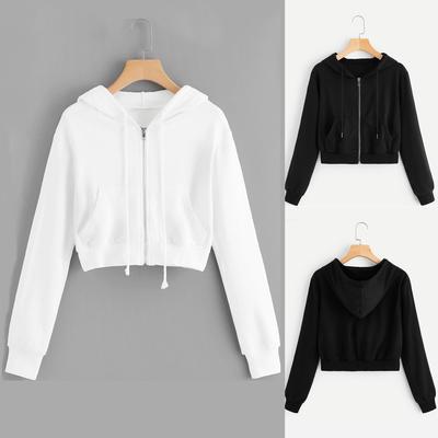 Women Casual Solid Long Sleeve Zipper Pocket Shirt Hooded Sweatshirt Tops