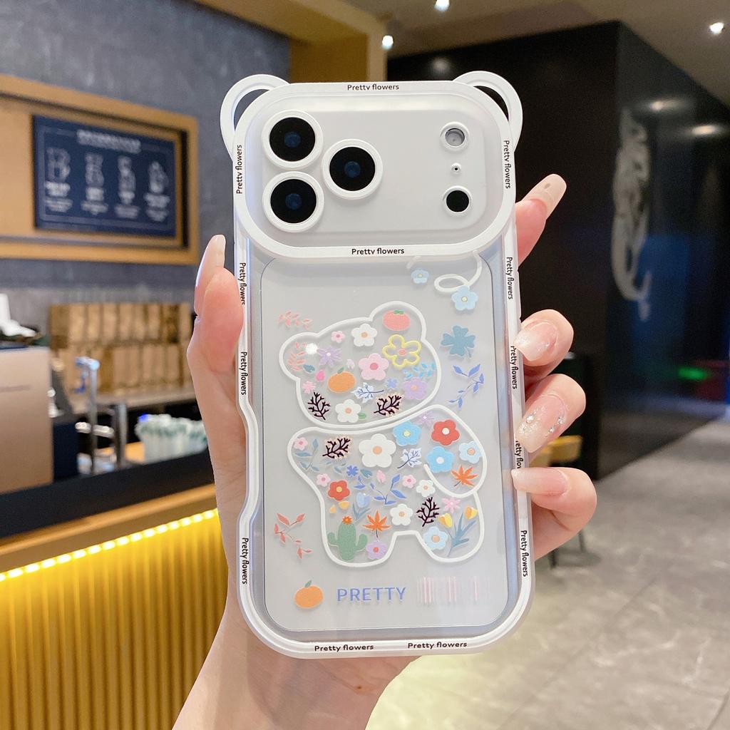 Korean Cute Flower Bear Ears Crossbody Lanyard Case For iPhone 17 16 15 14 13 12 11 Pro Max XS Max 7 8 Plus Cover Women Girl's
