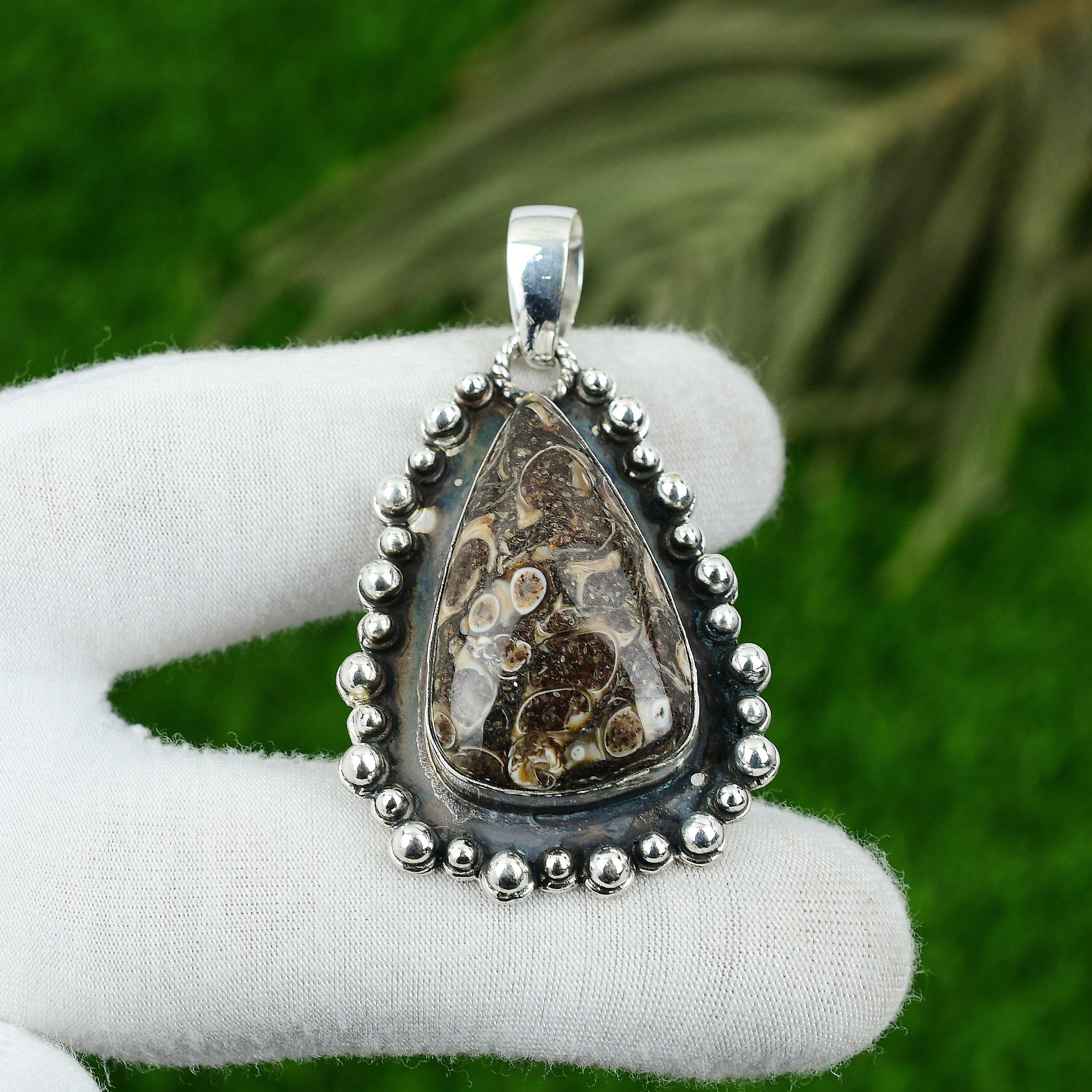 

Pear Natural Turritella Agate Anniversary Engagement Bezel Pendant 925 Silver
