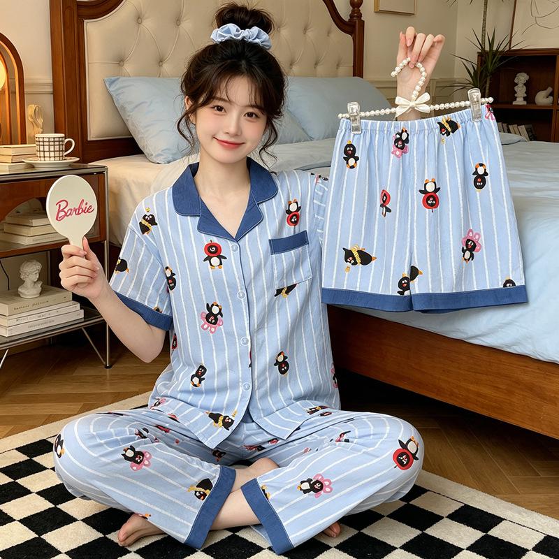 Leopard Print Love Heart Short Sleeve Pajama Set: Women's Summer Cloud Cotton Three-Piece Loungewear