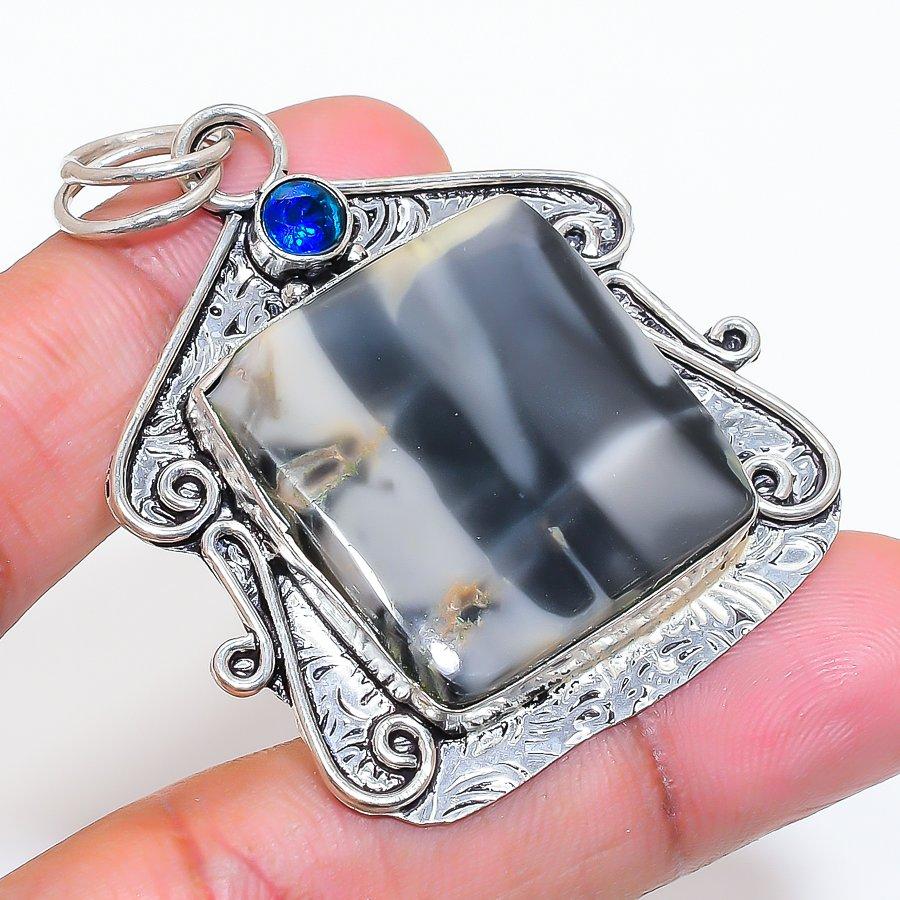 Natural Maligano Jasper, Iolite 925 Sterling Silver Jewelry Pendant 2.17" ZS-733