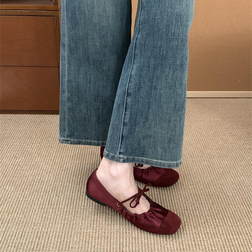 ~ Retro Pleated Lace-up Flat Mary Jane Shoes Shallow Mouth Single Shoes Women's Round Head One Pedal Ballet Shoes