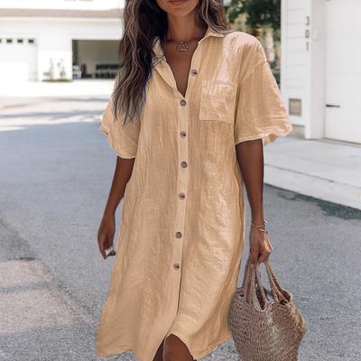 Damen-Hemd mit Revers, kurzärmelig, lässig, Pendler-Stil, einfarbig, lockere Passform, Knopfleiste, Arbeitshemd