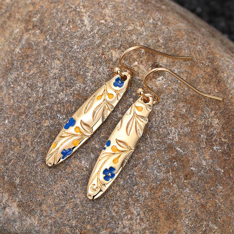 Hand-painted Floral Ceramic Drop Earrings, Bohemian Style Long Oval Earrings for Women, Vintage Blue & White Flower Jewelry Gift