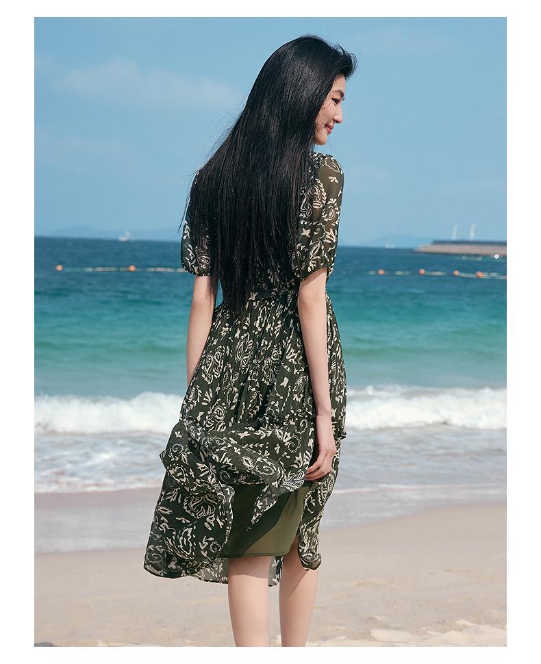 The Wizard of Oz Jiuzi Anna Kou Elegant Plant Printed Folded Chiffon Dress 2025 Summer New Style