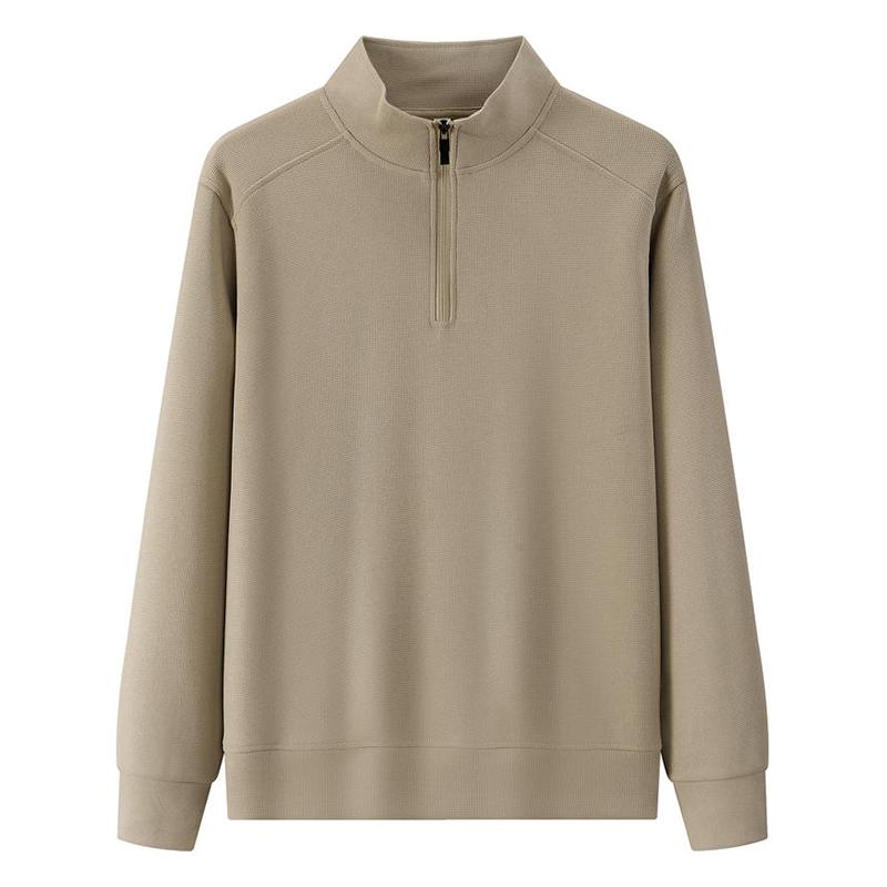 Осенний вафельный свитер с воротником-стойкой и застежкой-молнией на половину длины для мужчин и женщин, повседневная модная одежда для пар с длинными рукавами, уличный модный бренд унисекс, воздухопроницаемость S хаки