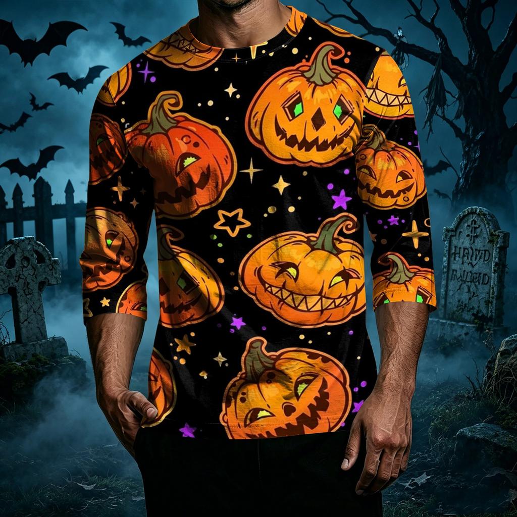 Men Casual Halloween Print Raglan Sleeve T Shirt Crew Neck Three Quarter Sleeve Top Comfortable Fit Lightweight Fabric