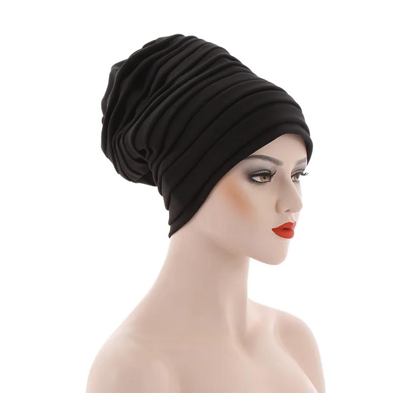 New Candy Color Head Wraps Muslim Hijab Bonnets Fashion Headwear Pleated Turban Cap for Women African Auto Geles Aso Oke Headtie