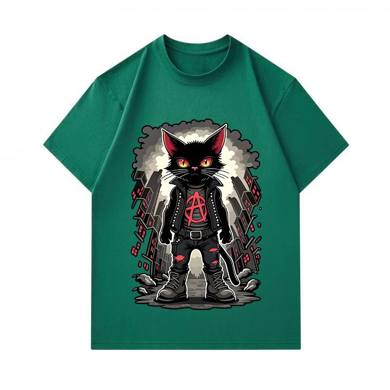 Men's 100% Cotton Crew Neck Short Sleeve T-Shirt, Punk Anarchist Black Cat Printed Casual Urban Streetwear Tee for Daily Wear