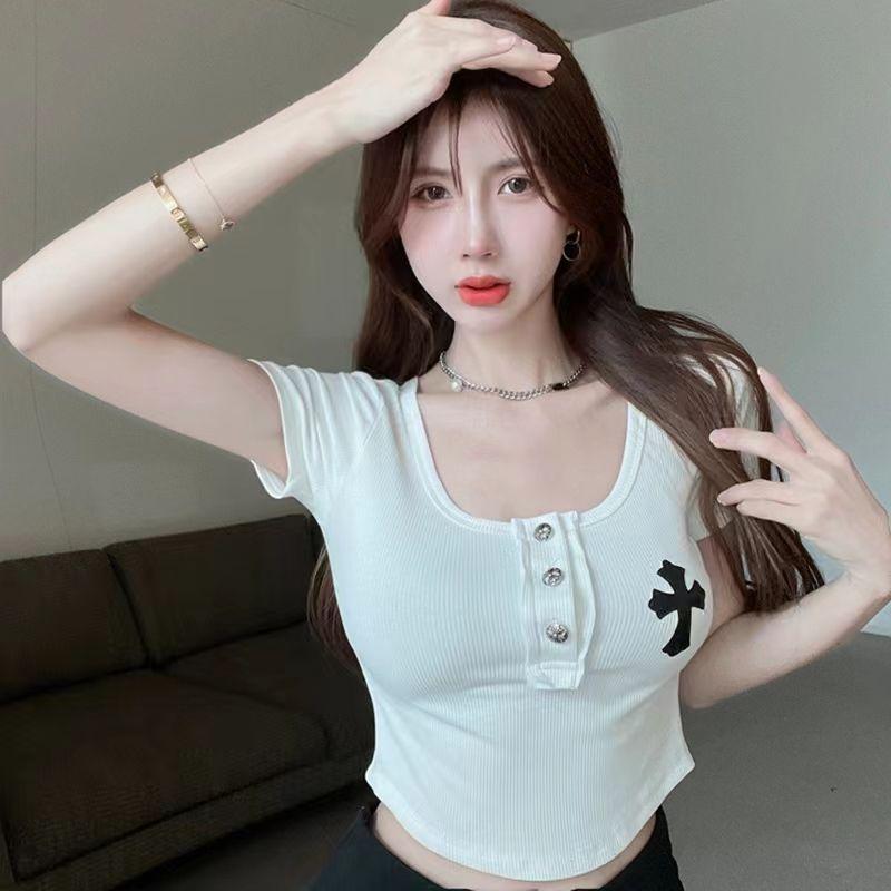 Girls T-shirts Square Neck Tees For Women's T-shirts Black Tops Short Sleeve Fashion Sexy Lady T-shirts