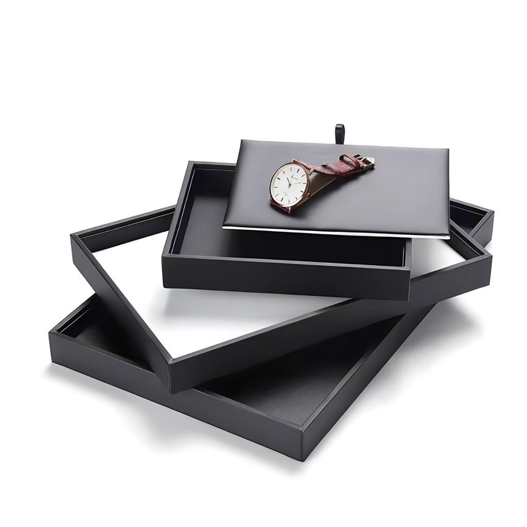 Stackable Black Jewelry Display Tray Elegant Black PU Jewelry Display Tray For Storing Rings And Necklaces Adornment