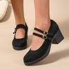 Women's Spring and Autumn Retro Black Small Leather Shoes Fashion Suede One-line Buckle Thick-heeled Women's Shoes