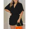 Solid V Neck Romper, Elegant Short Sleeve Shirred Waist Jumpsuit For Spring & Summer, Women's Clothing
