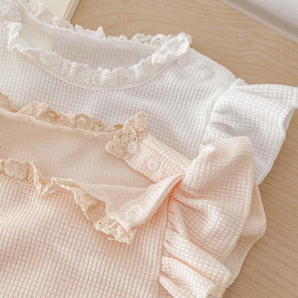 INS Korean Style Baby Girl Waffle Lace Romper - Short Sleeve Hooded Crawling Suit for Summer Newborns