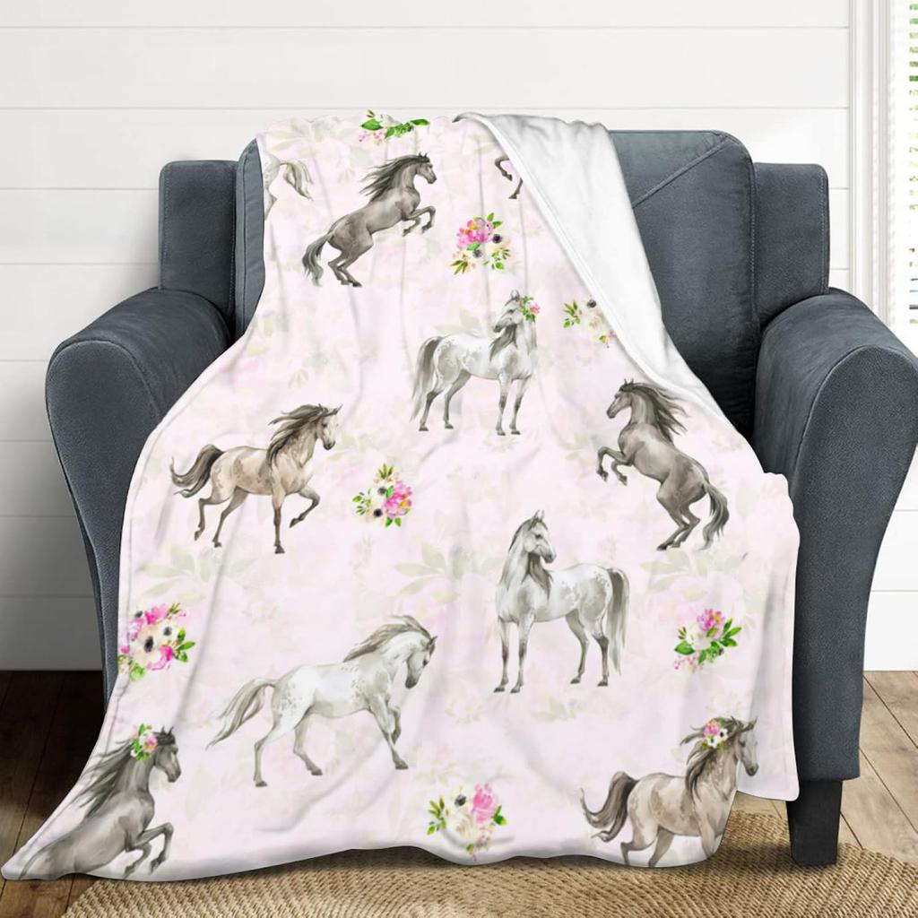 Couvertures de Cheval Cadeaux pour Filles Femmes Chevaux Western Fleurs Animal Polaire Flanelle Couvertures Jetées Doux Léger Cheval Peluche Stu