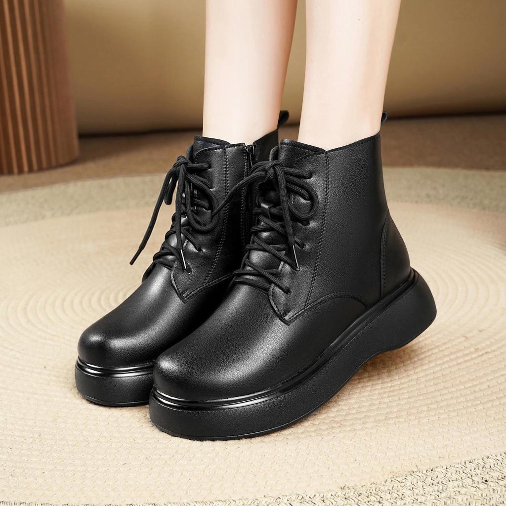 2025 H/W Damen Britischer Stil Echtleder Martin Stiefeletten mit dicken Sohlen, Retro-Fleece-Futter und Woll-Zehenschutz für Schnee