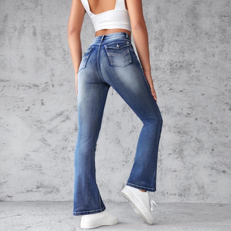 Spring and Autumn Women's Jeans Embroidery High Waisted Washed Fashion Flared Pants Trousers Jeans