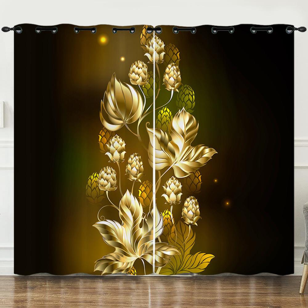 Gold Advanced Engraving Flower Pattern Digital Printing Curtain Blackout Punching Can Be